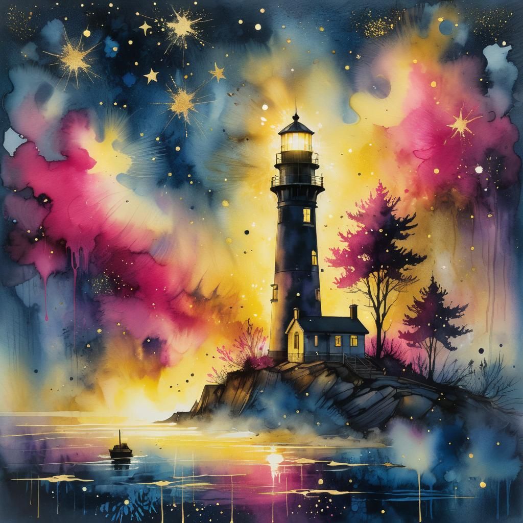 Surreal Watercolor Lighthouse Under Golden Stars  by @Margot