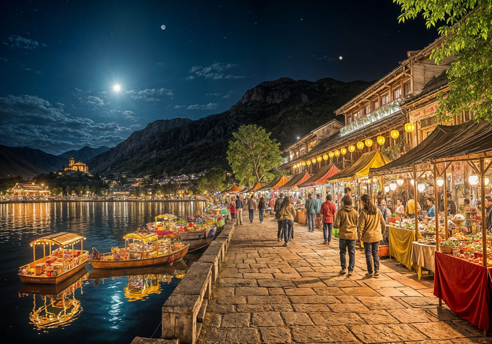 A bustling night market by a lake, with people strolling through the streets with colorful lanterns and ...  by @Berserk89
