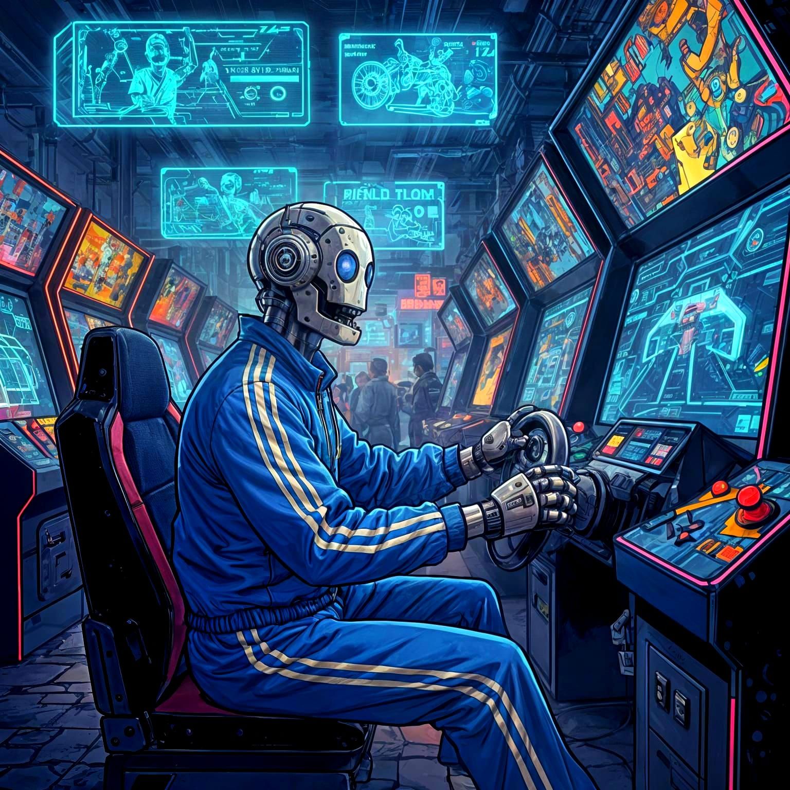 Robot Plays Futuristic Racing Game in Cyberpunk Arcade