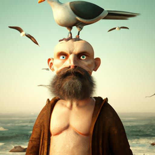 bald man with big white beard with round eyes and seagull standing on his head