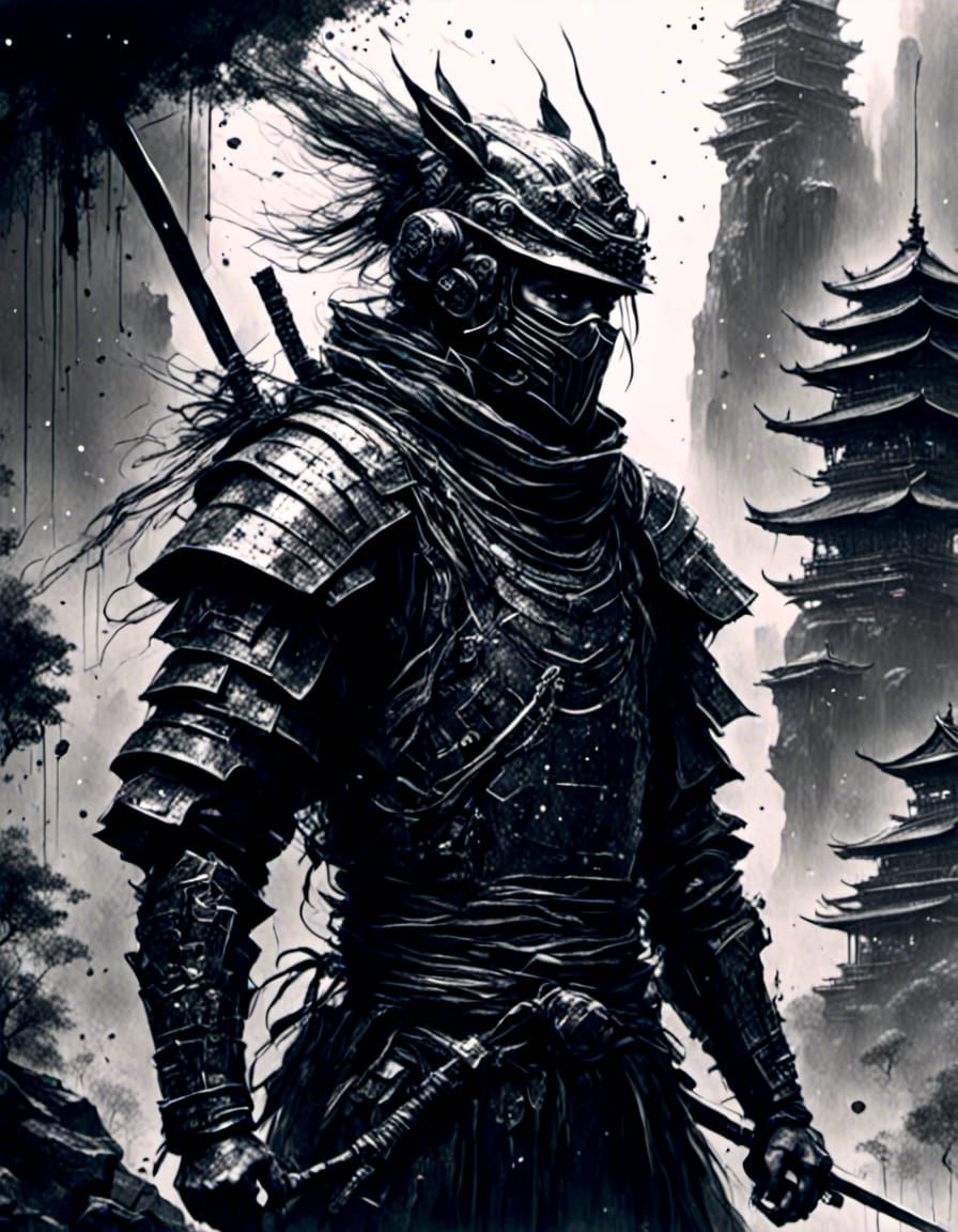 <lora:Charcoal art:1.0> <lora:Make it Sparkle:1.0> <lora:ani:1.0> A classical samurai in a sci fi world