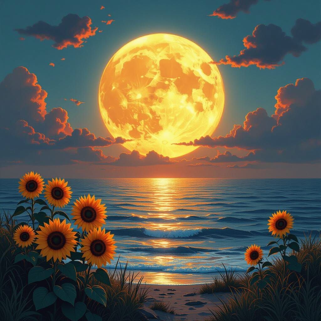 Sun, Moon, and Sunflowers by the Sea: Fantasy Matte Painting