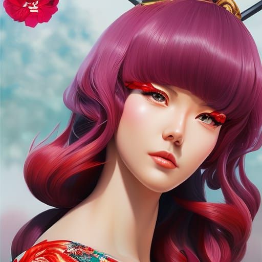A shrine maiden in deep meditation, red kimono, flower garde...