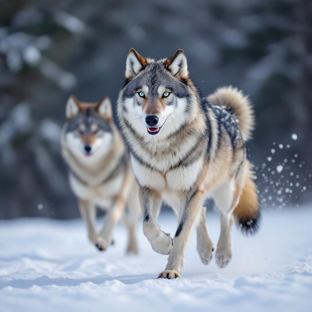 White Wolves with Blue Eyes Running in Snow