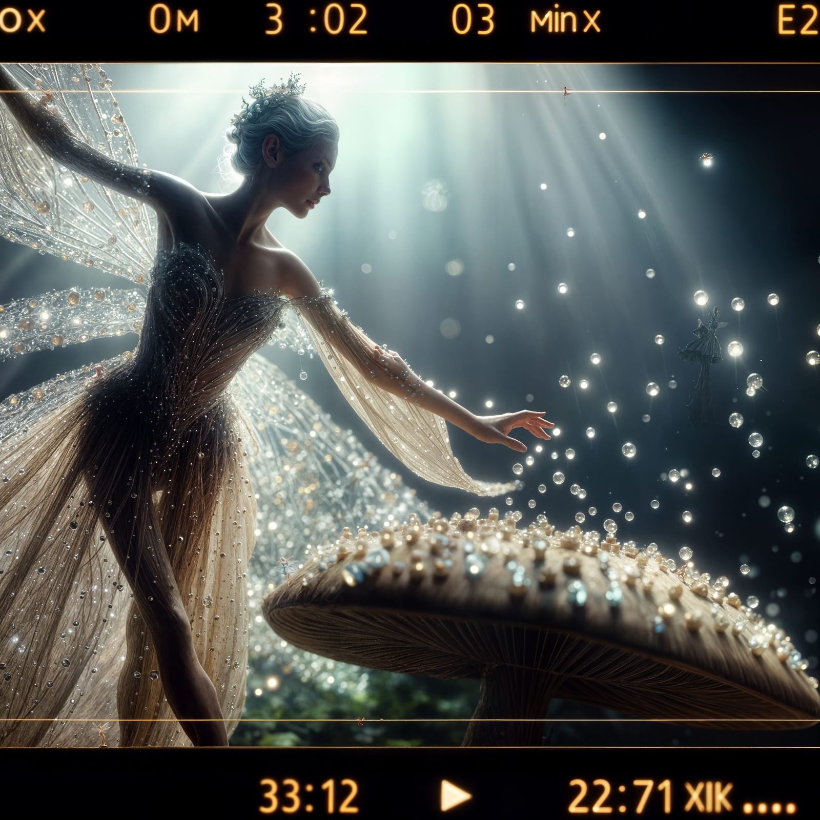 A fairy dancing on a toadstool. Her dress is made our of mor...