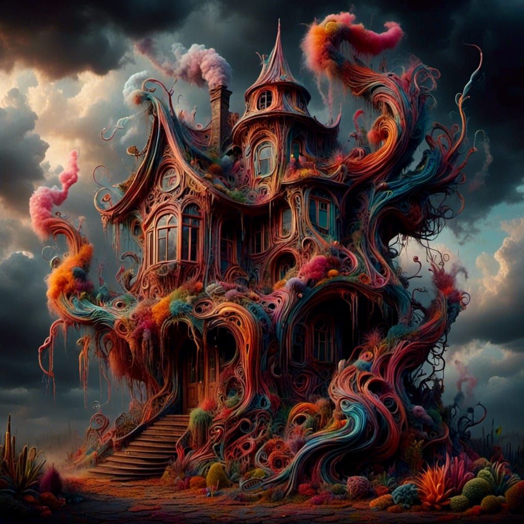 <lora:Wonky Houses ALIVE:1.0> Surreal, whimsical creature with a melting, crooked anatomy, featuring some kind of house-like construction, i...