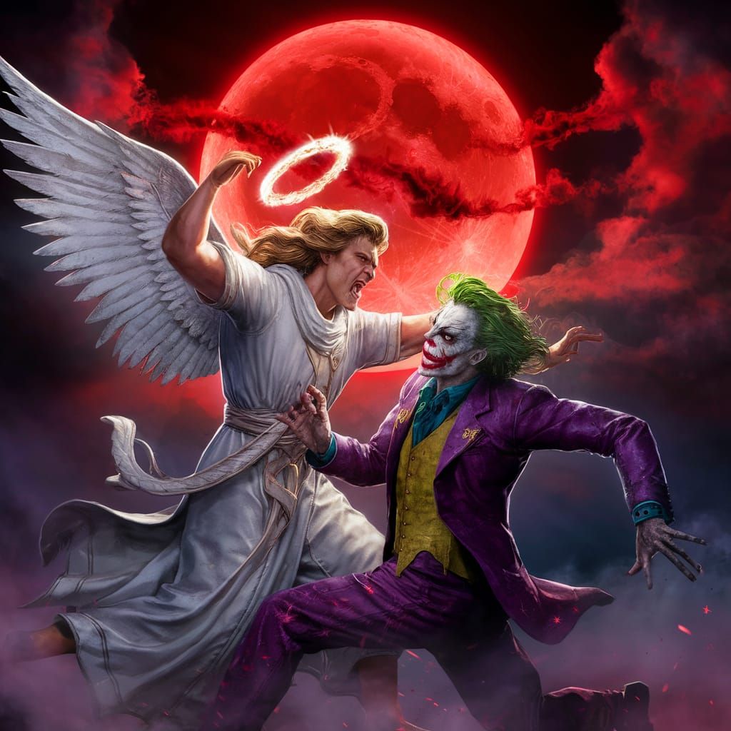 Angry gods and blood moon and angel and joker
