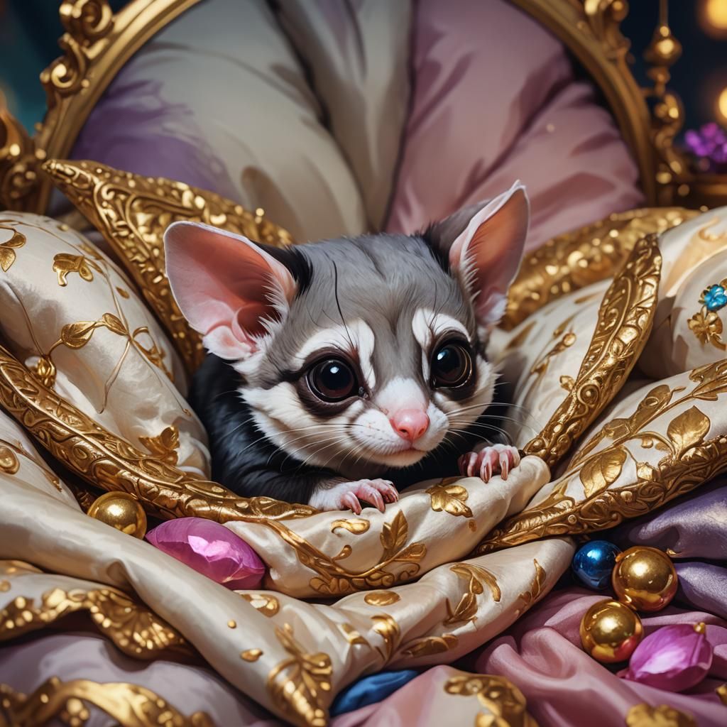 Adorable Sugar Glider in Lavish Bed, Oil Painting