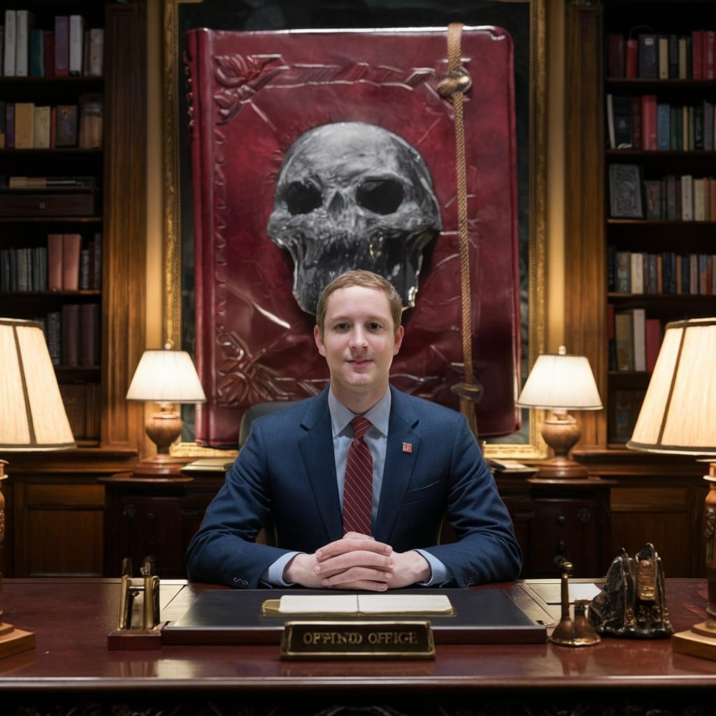 Mark Zuckerberg behind the oval office desk with a huge madm...