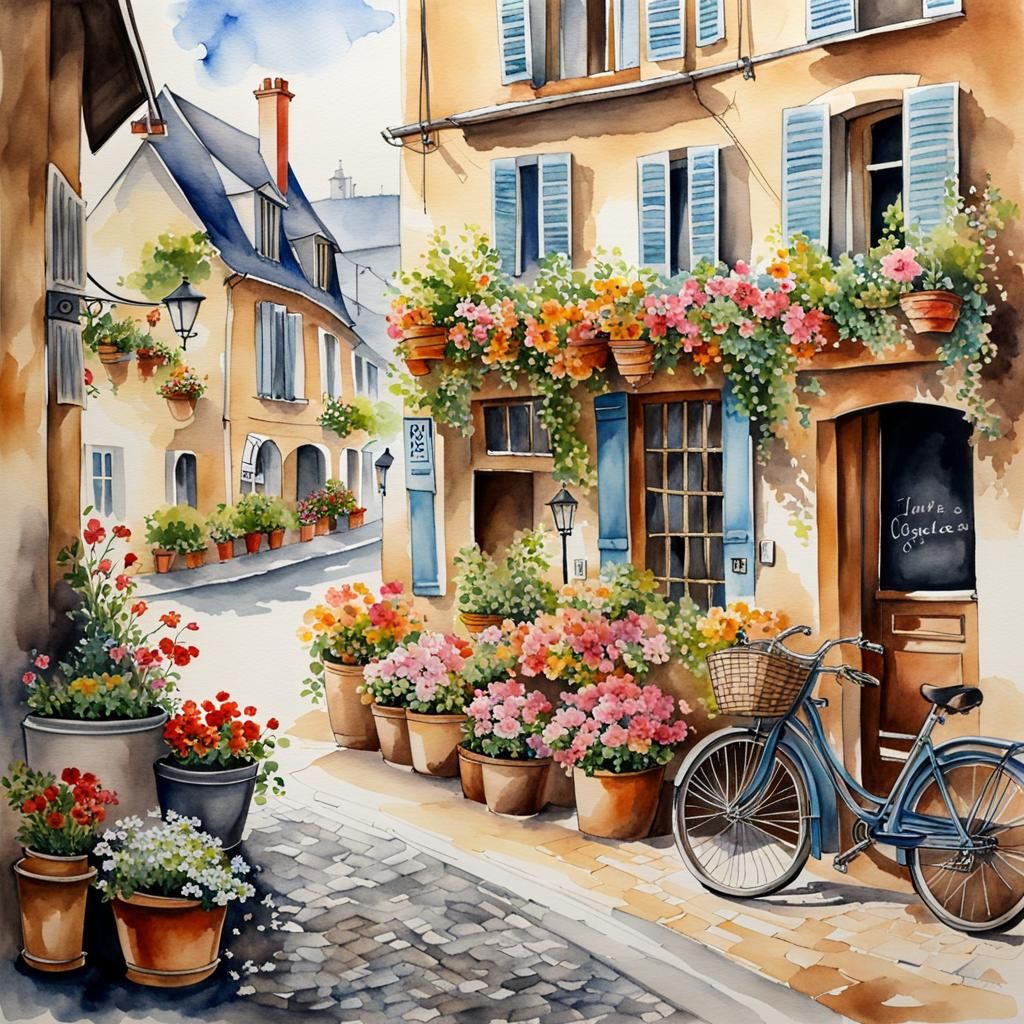 Watercolor painting of a French village,  by @Al_in_Tanzania