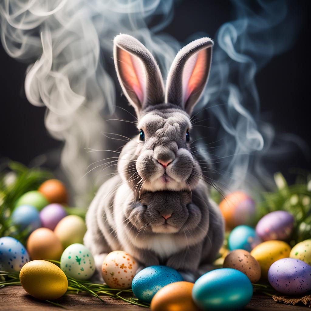 an Easter bunny rising from smoke