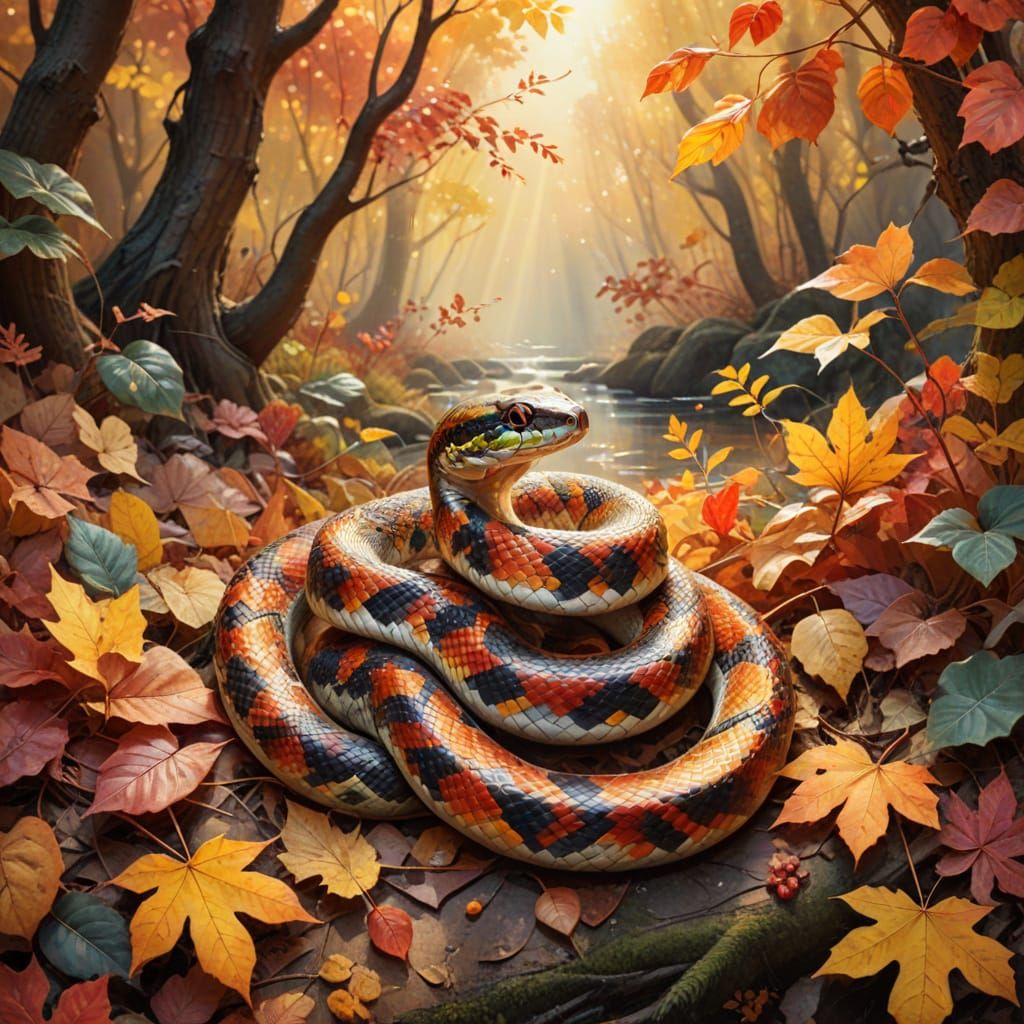 Snake Slithering Through Autumn Leaves in Watercolor