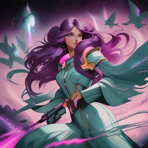 Purple-Haired Space Queen in Retro Futurism Style