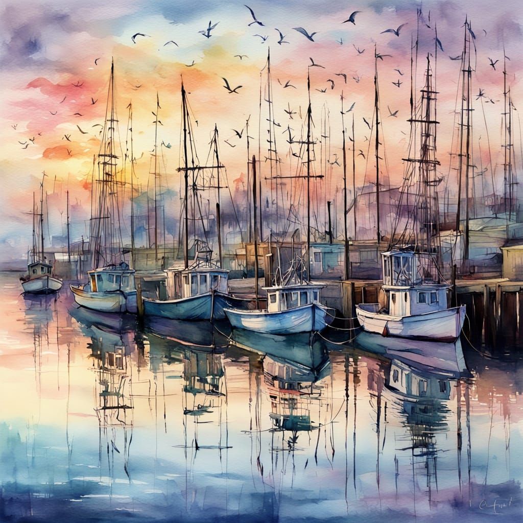 Watercolor painting. A harbor at dusk with seabirds swooping. Along the harbour are quaint cages Whimsical, ...  by @Al_in_Tanzania