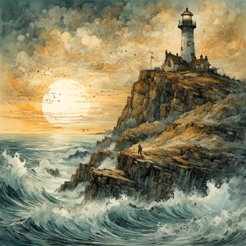 Lighthouse on a steep flowering cliff, gigantic ocean waves hit the rugged coast, sunset, by Arthur Rackham, ...  by @Tina auf der Blumenwiese