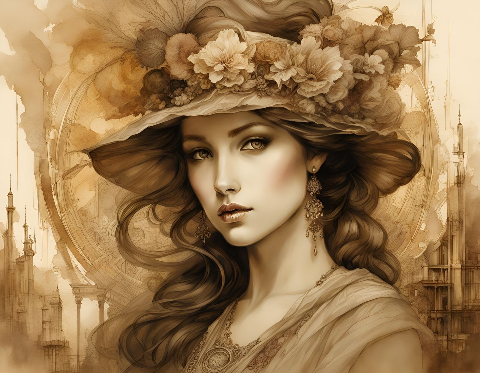 Create something in sepia tone, golden ratio, art nouveau rococo ...