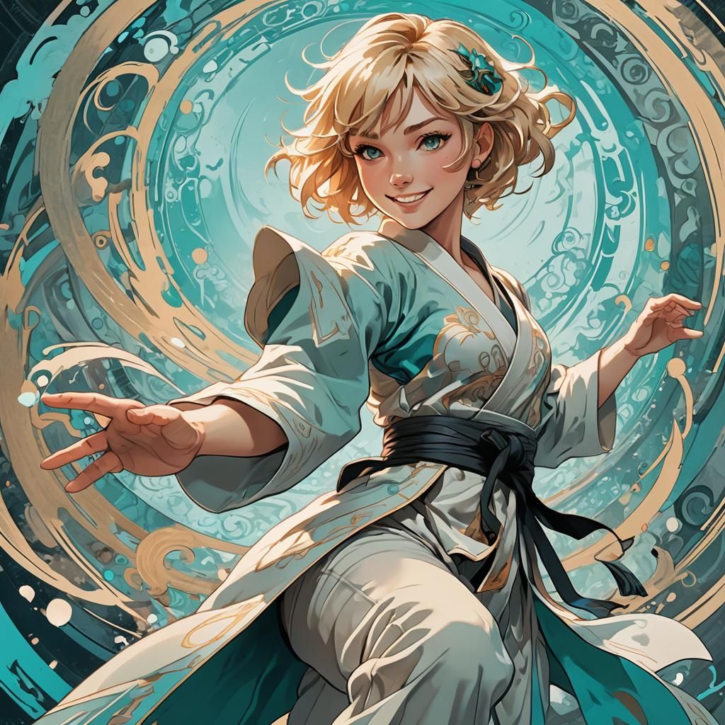 Bianca - smiling, youthful mixed martial artist short-haired blonde teenager with the ability to utilize various elements incorporated into...