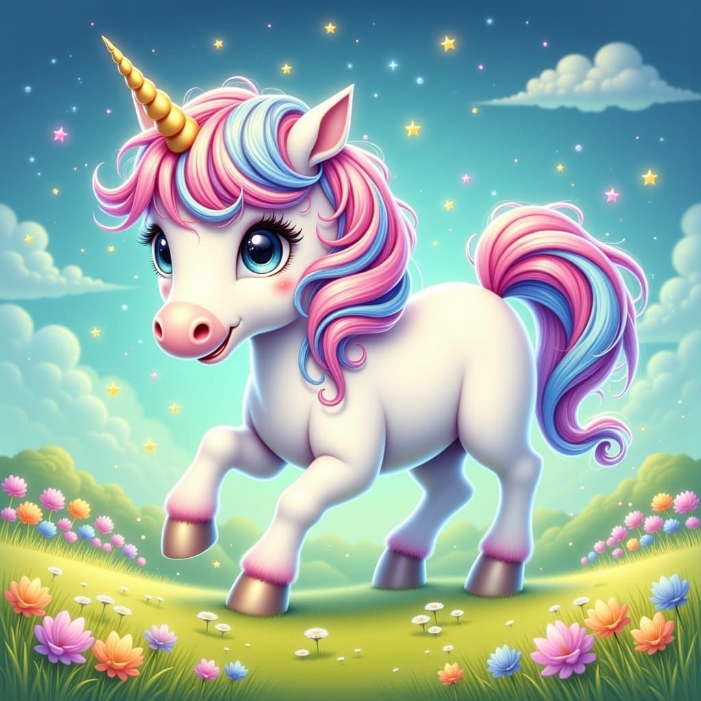  <lora:CuteFlux:1.0> fluffy unicorn with large, starry eyes, happy expression, playing on a meadow