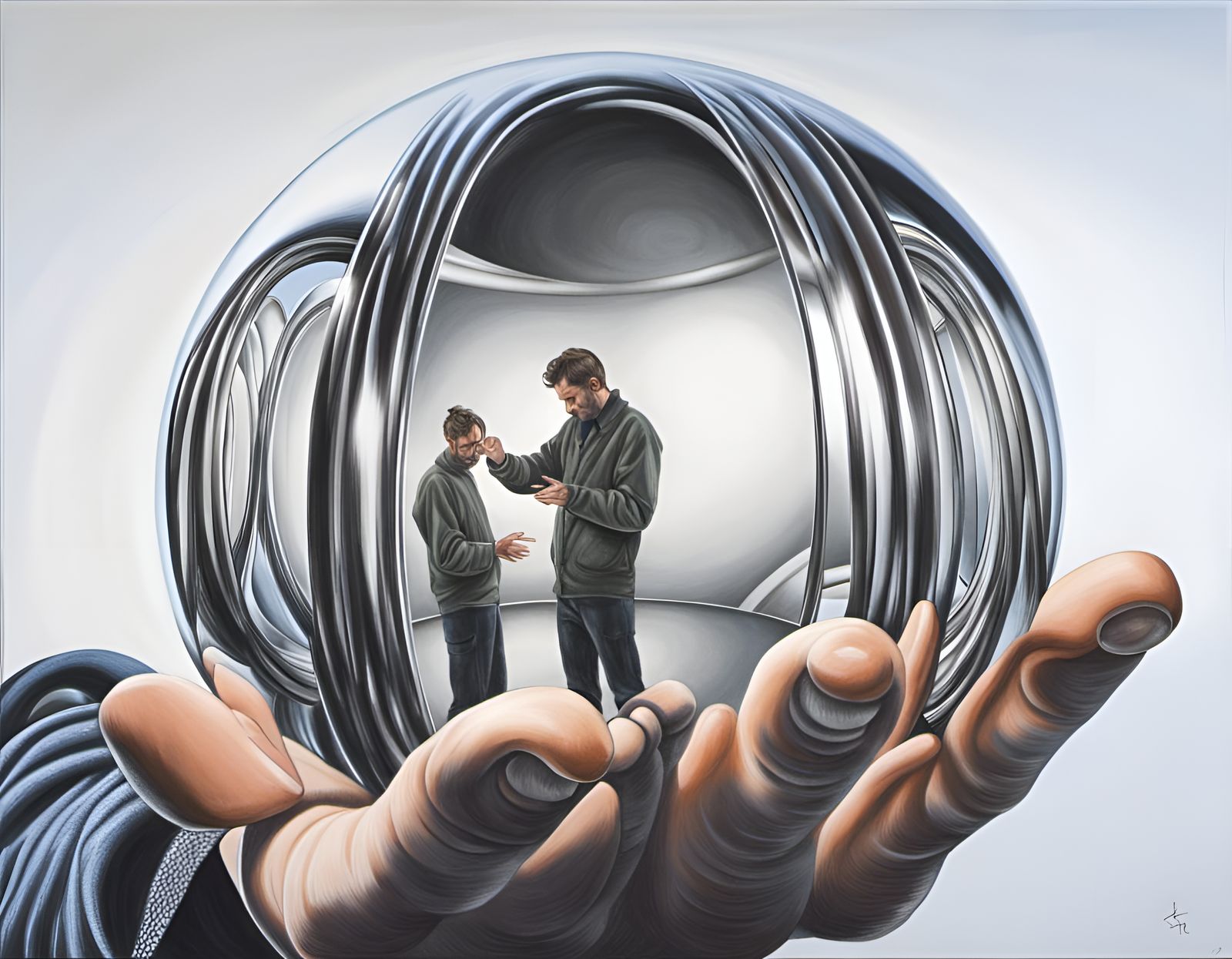 A man drawing himself in the reflection of a shiny metal sphere in the syle of MC Esher but his hands  and fingers are a...