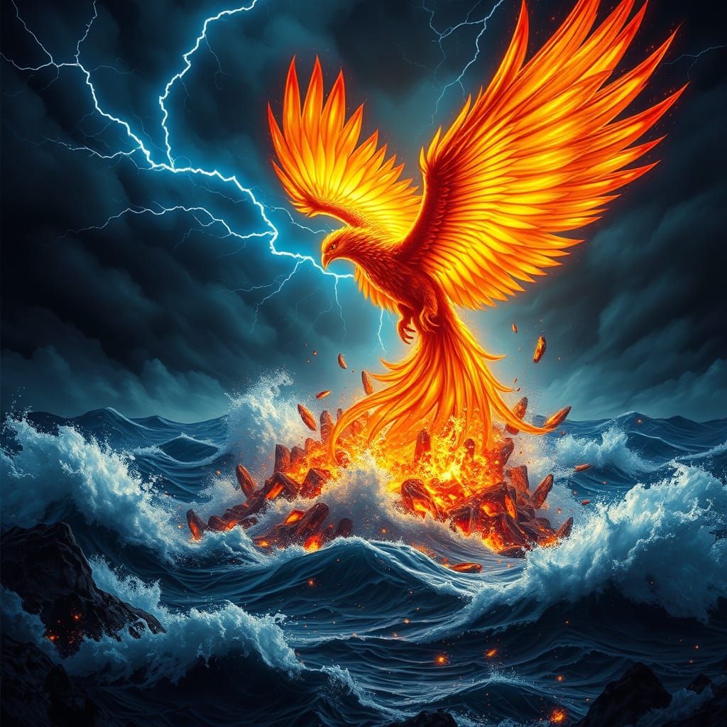 Phoenix rising from the ashes over a torrential ocean storm 
