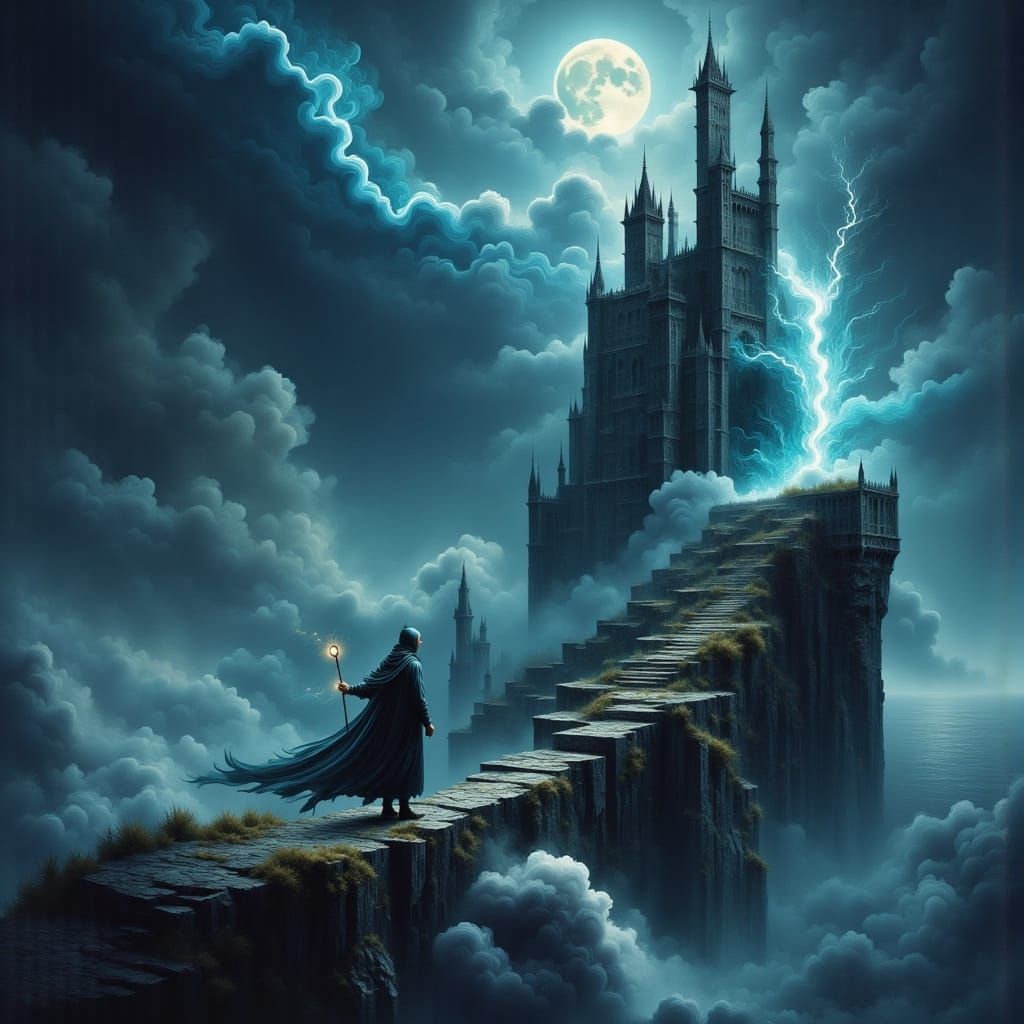 <lora:mystic flux:1.0> <lora:Ethereal Magic Flux:1.0> On a cliff above a stormy sea stands a tall, mist-shrouded wizard tower. The ancient s...