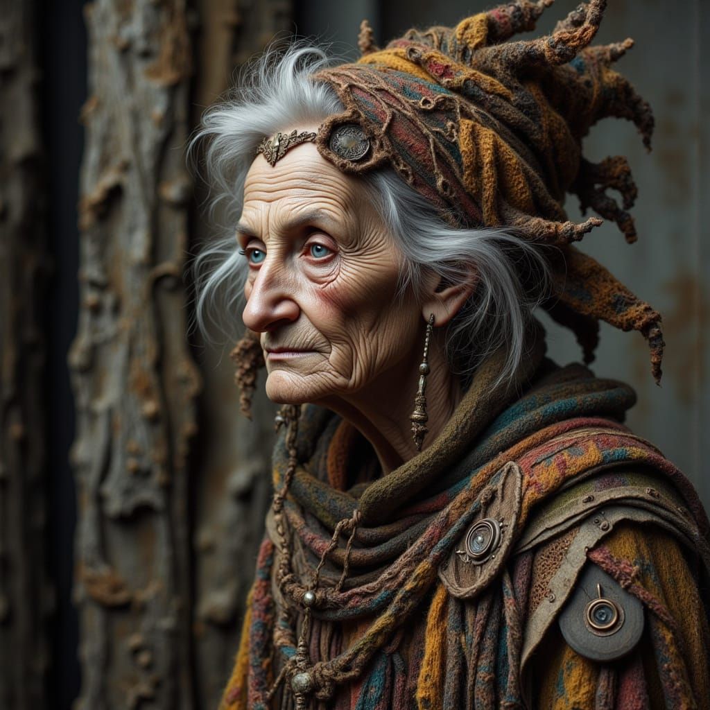 In the style of Johannes Vermeer. Gothic elegance and beauty. Close-up portrait of the head and shoulders of a elderly fairy, clad in eclect...