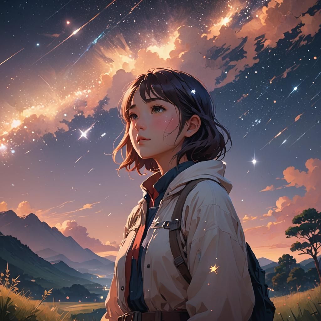 Anime Style Stargazer Portrait in Painterly Style