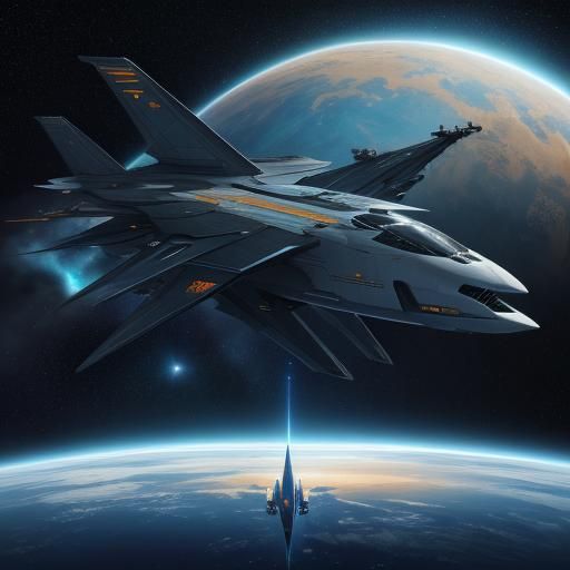 long sleek space ship in space. with two long fins