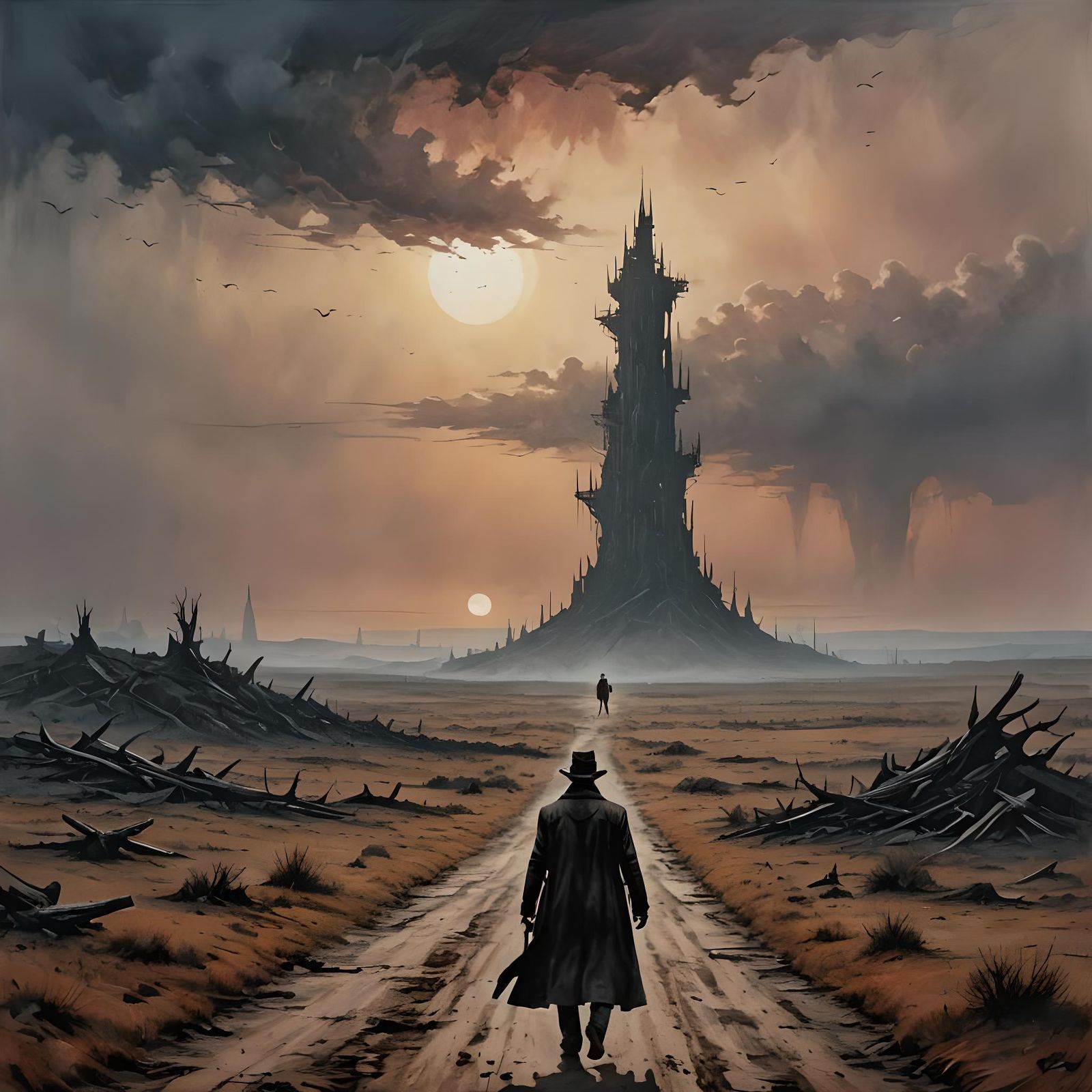 The gunslinger walks toward the Dark Tower. Stephen King. Horror, ashy colours. Dystopian landscape  by @Feathers