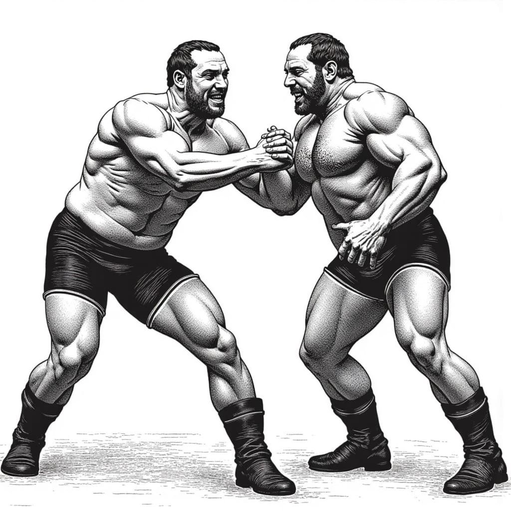 two big muscular men engaged in a wrestling match line art line drawing cross hatch pan and ink etching <lora:Cross Hatch:1.0> 