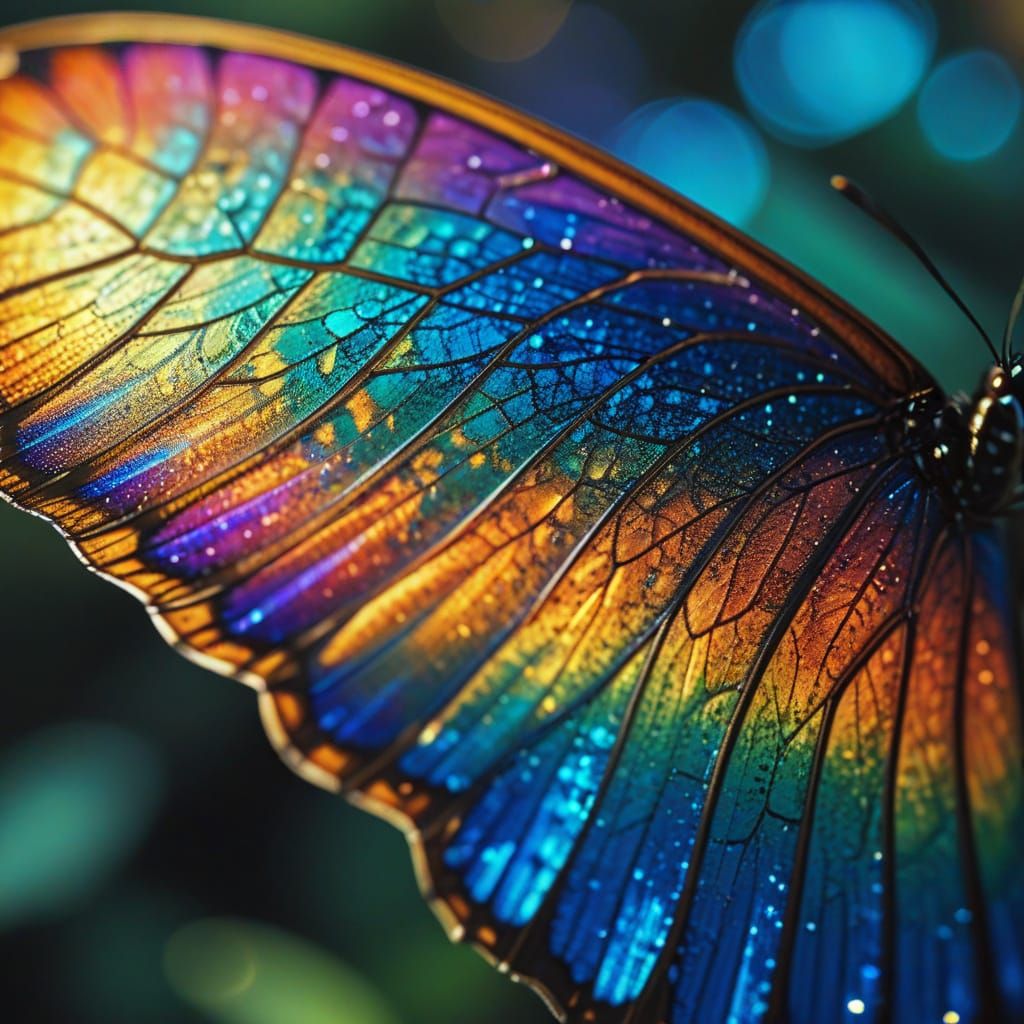 Extreme close-up. The intricate details of a butterfly wing, with its iridescent scales and delicate veins, are revealed in stunning clarity...