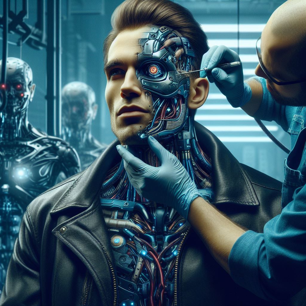 Cyborg bountyhunter receiving maintenance