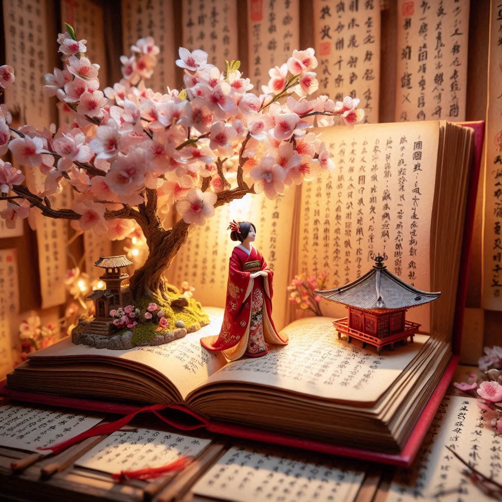 A miniature geisha in a diorama.