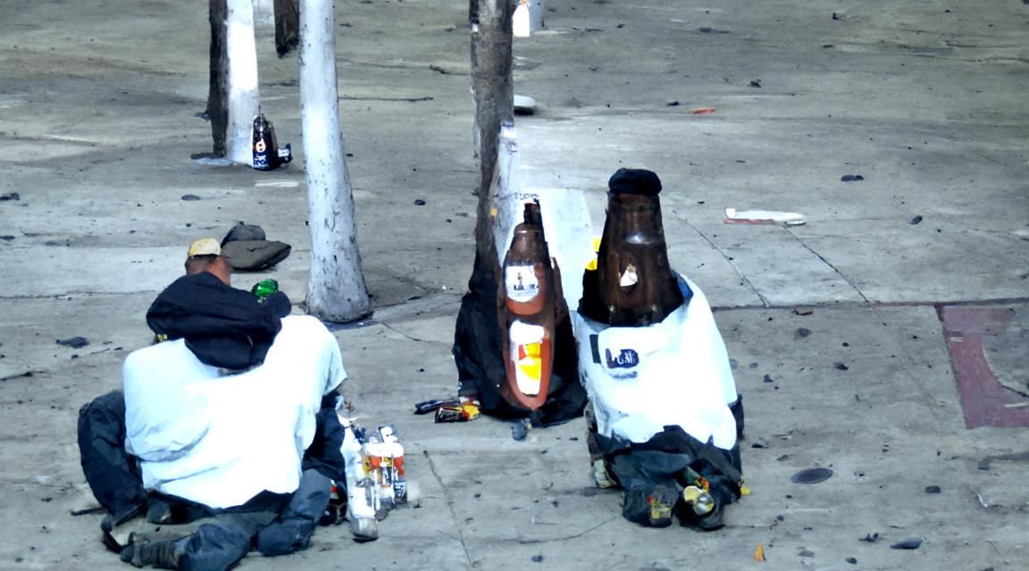 Two unemployed men in downtown Los Angeles with beer bottles