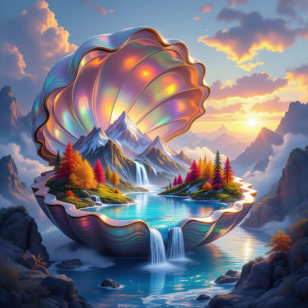 A surreal, hyper-detailed fantasy scene showing the inside of a giant seashell that opens like a treasure chest. Within its shimmering, pear...