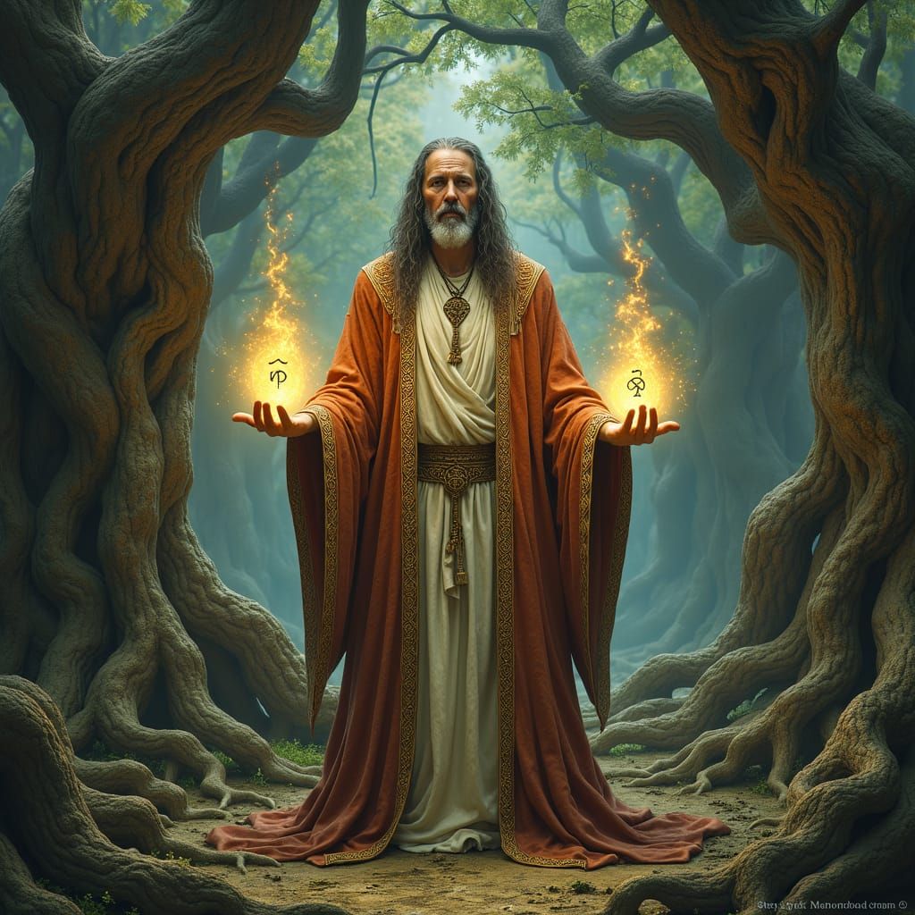 Highly detailed illustration of the God of Stories, inspired by Celtic art. The god is depicted with flowing robes adorned with intricate Ce...