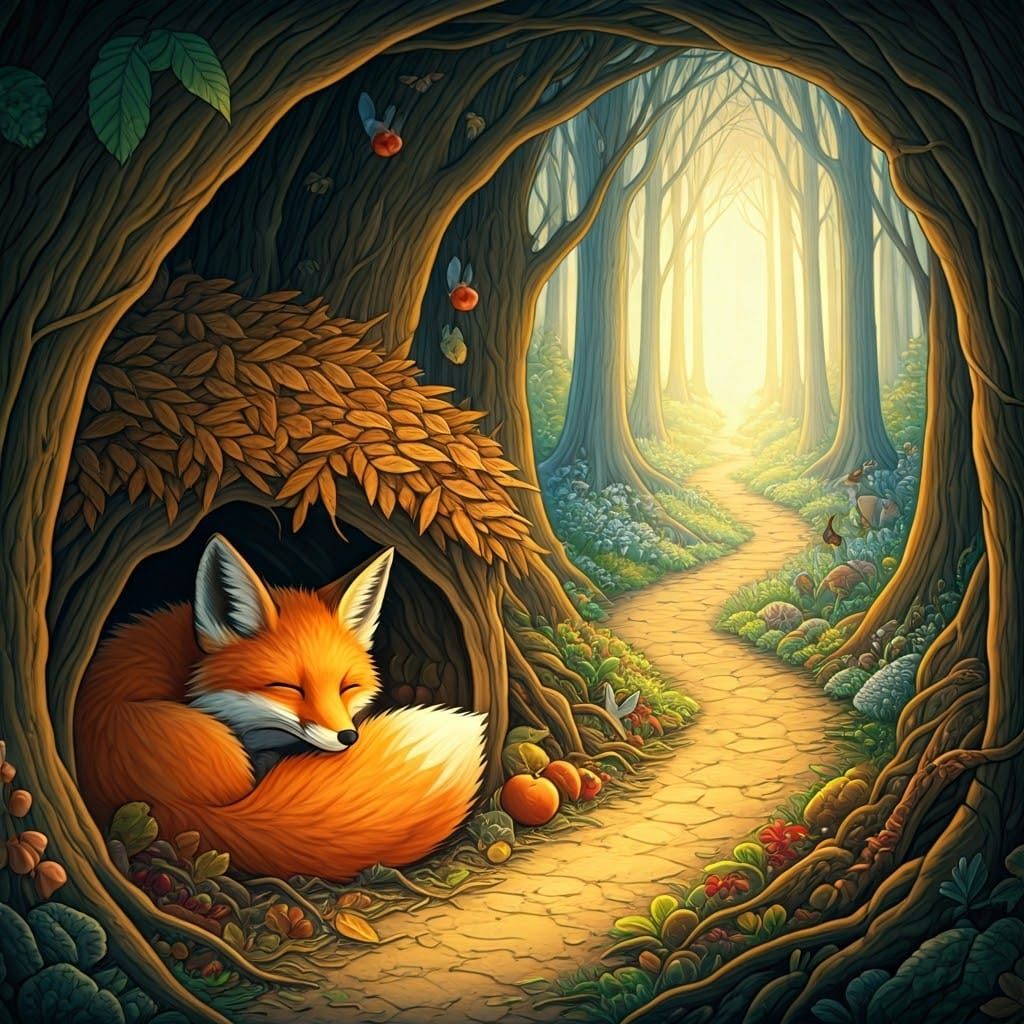 Whimsical Fox in Cozy Den with Spring Vibes