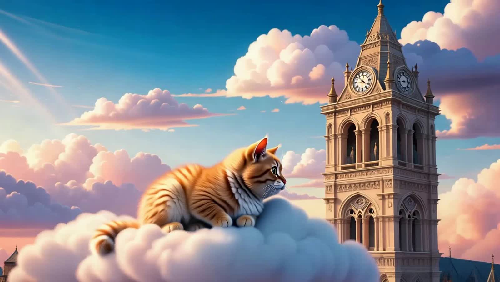 A whimsical scene of a fluffy cat curled up on a cloud, gazing at a distant, ornate clock tower. The sky is filled with ...