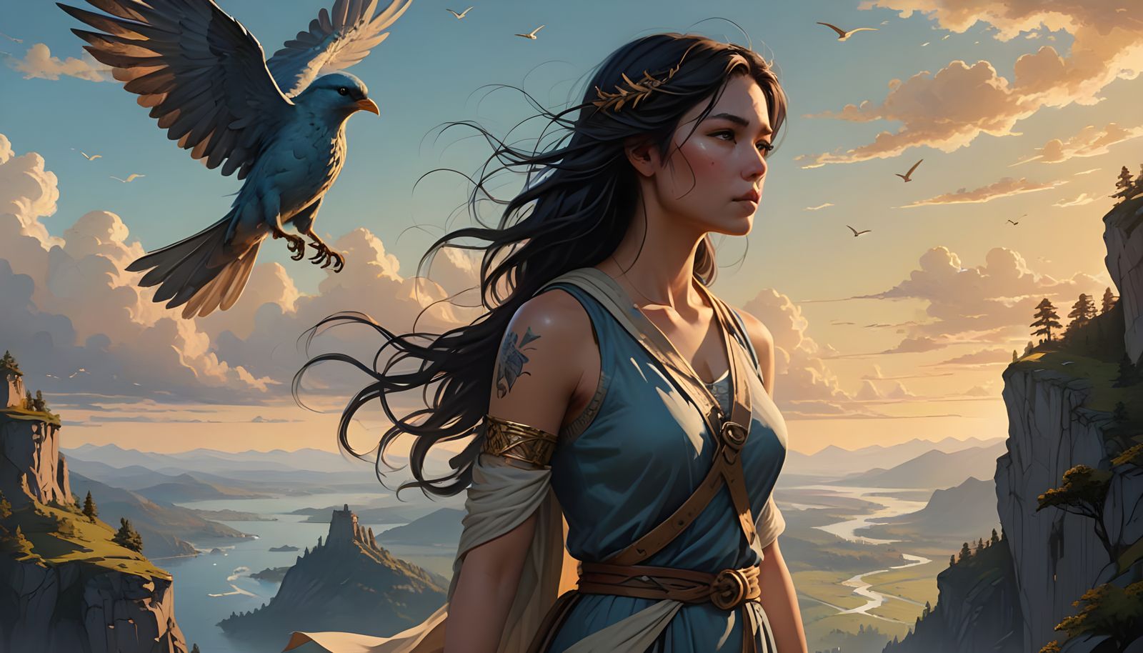Liberating and evocative fantasy featuring Lyra, the Winged Dreamer, a dark-haired woman standing atop ...  by @Wolfspirit