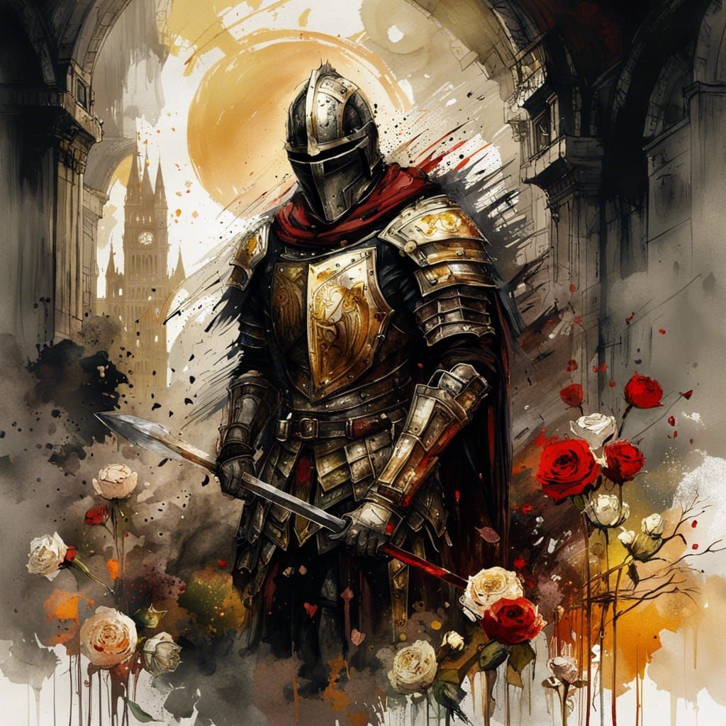 Gothic Knight Templar in Blood Rose Field