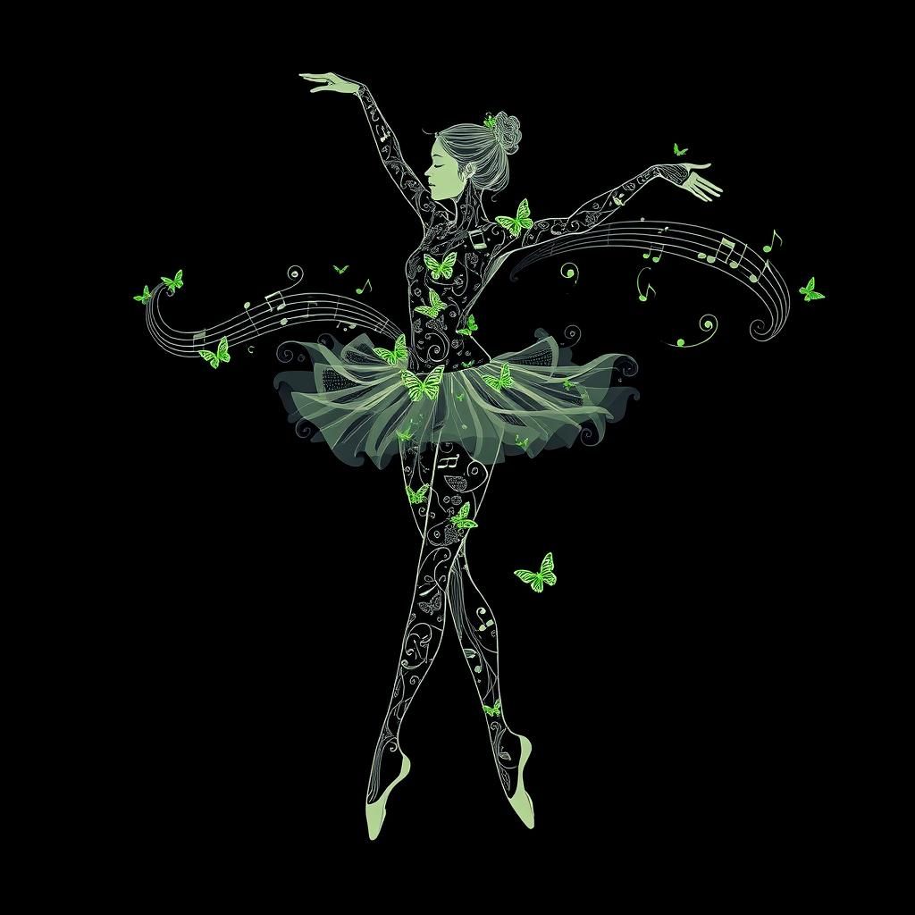 A stunning ballerina crafted from intricate musical notes, s...