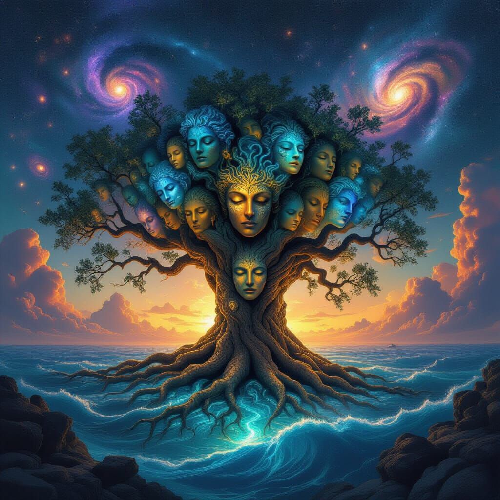 An ancient, gnarled Tree of Life, its bark carved with a multitude of expressive, ancient faces, each ...  by @Momagirl