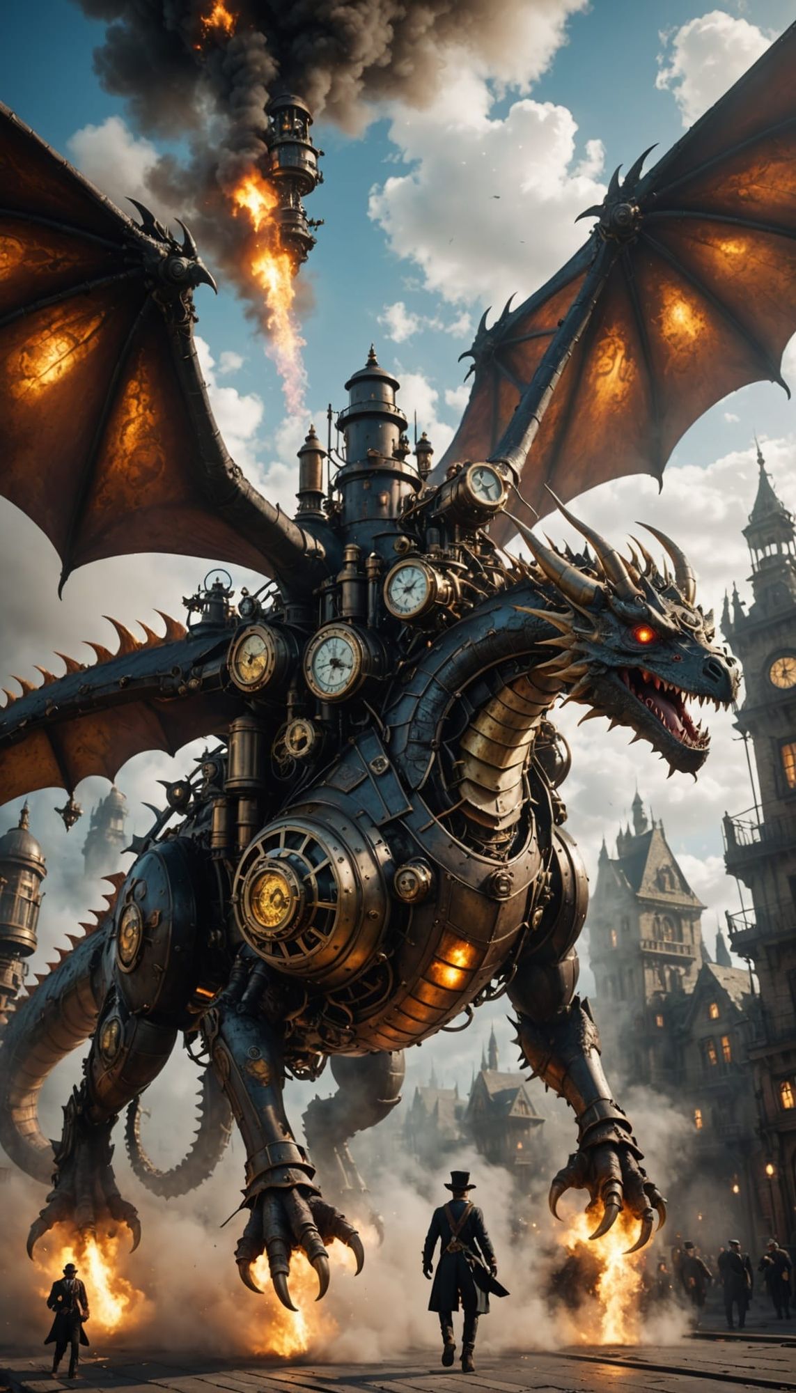 Add a massive, floating, clockwork, (((Steampunk)))  dragon overhead, spewing mist, hyperrealistic, hyper-detailed, octane rendering, photor...