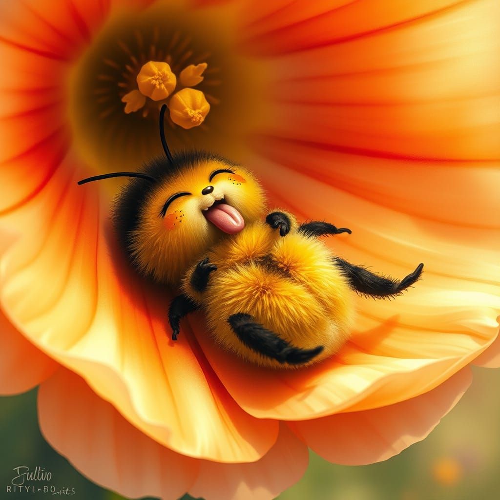 An (anthropromorphic) small bumblebee is lying full and content with a tongue sticking out in a very ...  by @Kellys AI Kreations