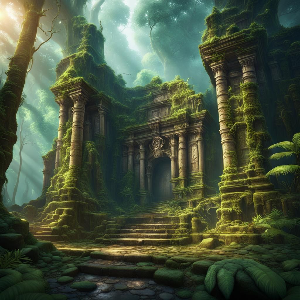 ancient ruins of a tomb in the sunny 
rainforest