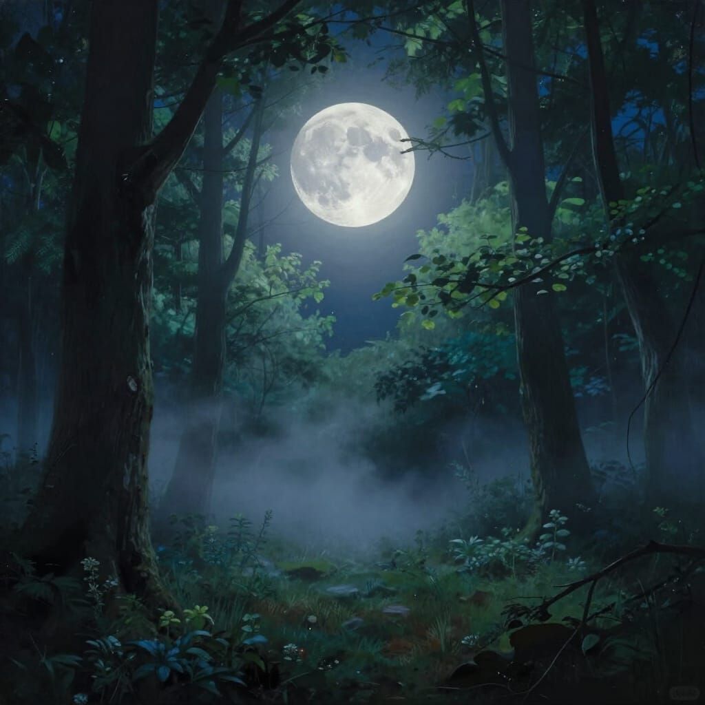 Ethereal Moonlit Forest Clearing in Magic Realism Style