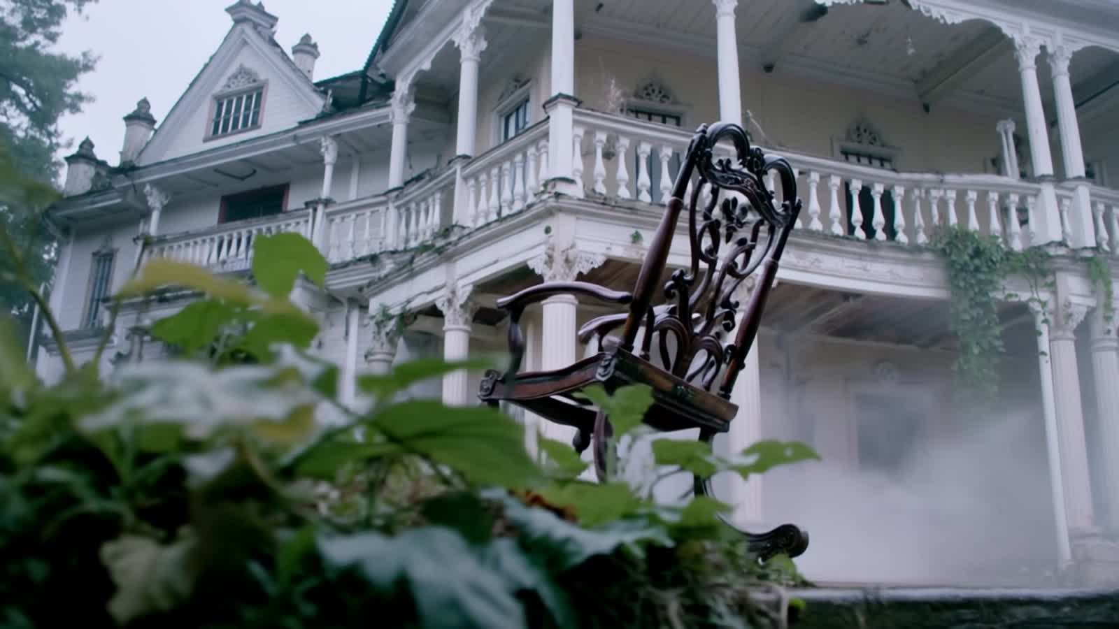 a vintage rocking chair sits on the porch of a dilapidated Victorian mansion, shrouded in mist and moonlight. The chair ...