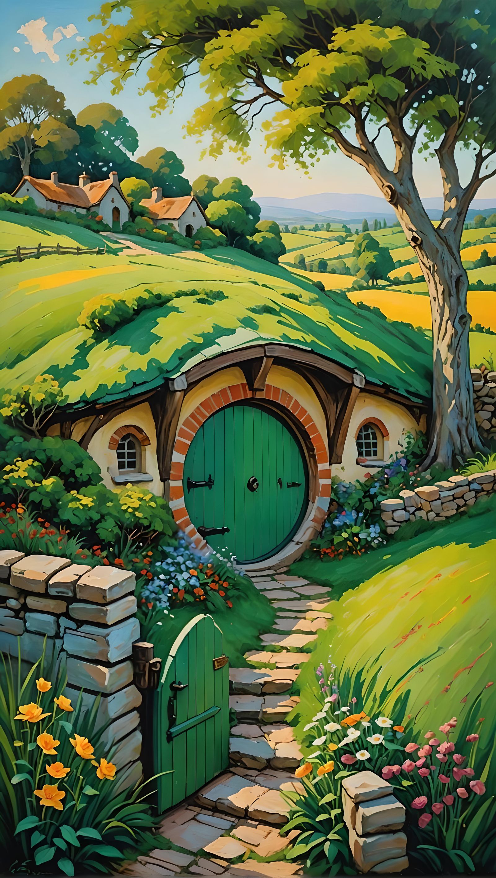 A hobbit hole with a green door in an idyllic, bucolic, peac...