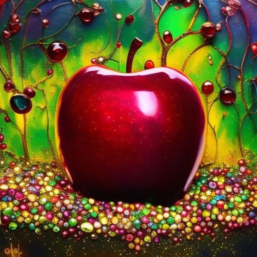 Apple sculpture encrusted with gemstones, rubies and emerald...