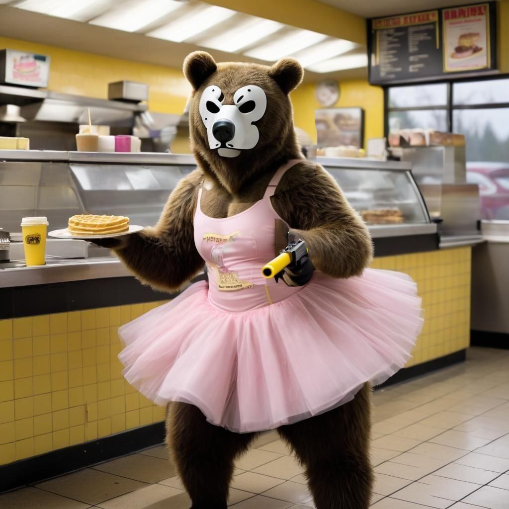 A bear wearing a ballerina outfit robbing a Waffle House